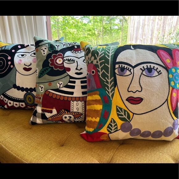 Amazing Set of Frida Kahlo Embroidered Luxury Throw Pillow Covers 18x18 - Picture 1 of 7